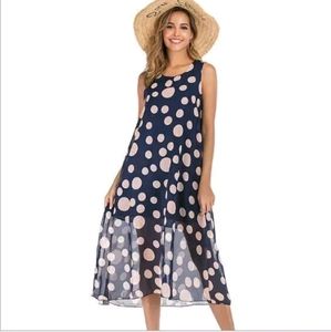 Yoaresweet Poly Chiffon Dark Navy with Yellow Polka Dot Midi Dress